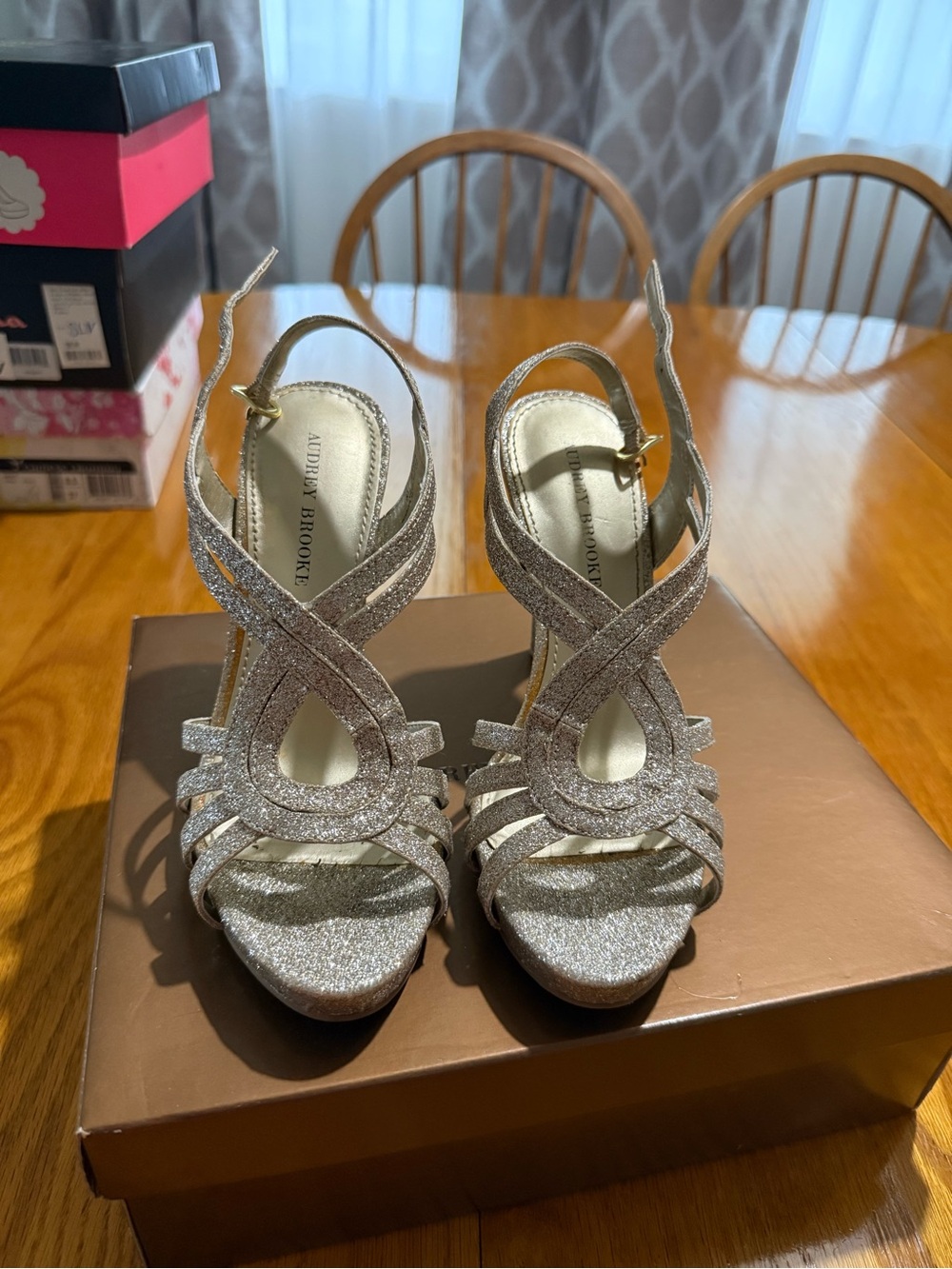Audrey Brooke Gold Glitter Crisscross Slingback Heels